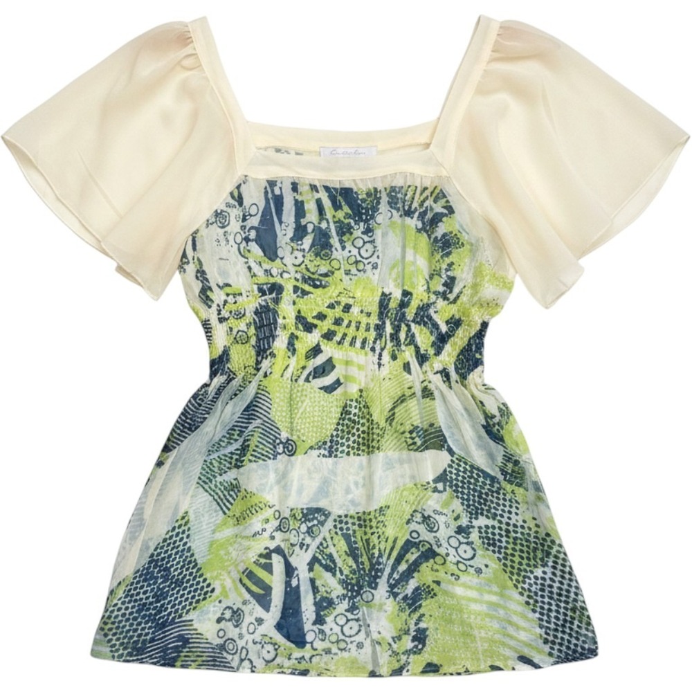 Charlotte Russe Women L Green Abstract Smocked Flutter Sleeve‎ Blouse Top Y2K